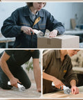 User demonstrating Heavy Duty Cordless Electric Scissors With Rechargeable Battery, cutting cardboard and fabric.