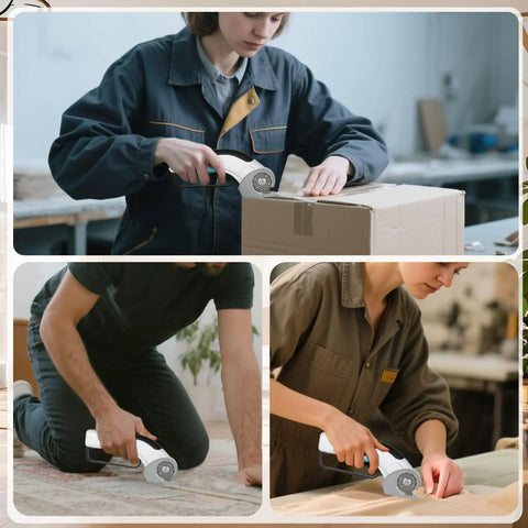User demonstrating Heavy Duty Cordless Electric Scissors With Rechargeable Battery, cutting cardboard and fabric.