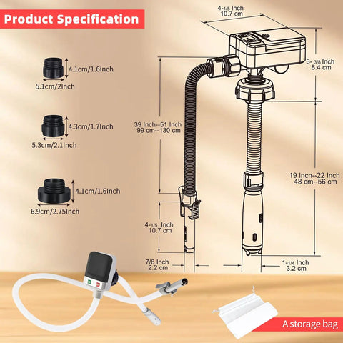 Diagram showing Portable Battery Powered Fuel Transfer Pump With Siphon Hose And Nozzle, 12 LPM, 3 Adapters, dimensions and storage bag