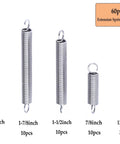 Front view: 60-piece stainless steel extension spring set with hook ends; lengths 13/32 in to 2-1/4 in.