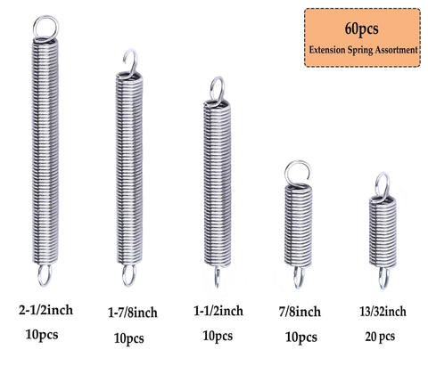Front view: 60-piece stainless steel extension spring set with hook ends; lengths 13/32 in to 2-1/4 in.