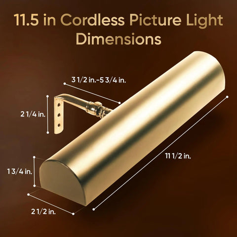 Diagram of Wireless Battery Operated Picture Light With Remote Dimmable Tilt Head Slick Wall Mount Polished Brass Finish, 11.5 inches