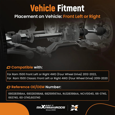 Ram 1500 Front Left Or Right CV Axle Shaft For 4WD Models From 2012 To 2022 And 1500 Classic 2019 To 2020 Replacement Drive Axle Part Built For Heavy Duty Durability And Smooth Power Transfer So Your Ride Keeps Rolling. vehicle fitment diagram