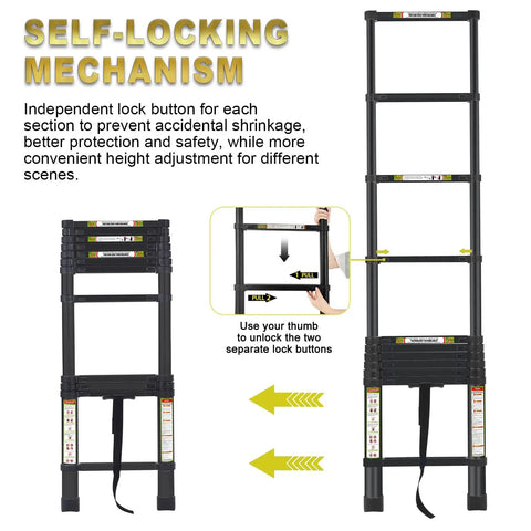 Telescopic Ladder For Home And Outdoor Use 10.5 Feet Aluminum Extension Ladder with self-locking mechanism, black