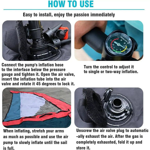 Instruction guide for Inflatable Surf Wing For Wind Wing Foiling And Surfing, 4.2 Square Meters, showing pump connections and setup steps
