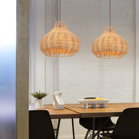 Dining room with two 1 Light Rattan Pendant Light With Weave Pattern Natural Wicker Ceiling Fixture For Dining Room And Living Room Handcrafted Hanging Light Boho Chic Style Home Lighting