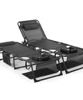 Face Hole Tanning Loungers Set Of 2 Folding Outdoor Lounge Chairs with black mesh fabric and arm slots, reclined position view.