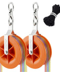 Two Pack Heavy Duty Cable Pulley Featuring A 360 Degree Swivel Ring And Anti Friction Bearing For Smooth As Butter Operation With Rust Resistant Bracket Chamfered Edges Protect Your Lines During Everyday Rigging Tasks, with colorful cables visible.