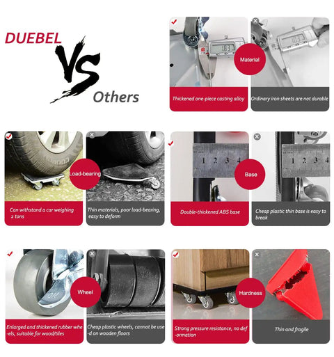 Comparison chart showing Heavy Duty Lifter Furniture Sliders For Hardwood Floors And Appliances 360 Degree Universal Wheels Easy Glide.