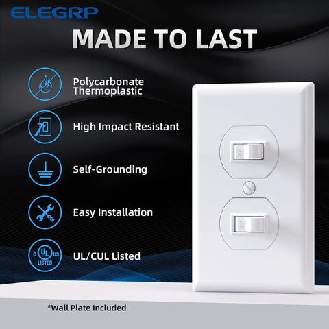 Dual Toggle Light Switch In Wall Unit, Two Independent Single Pole 15A 120V Switches, Self Grounding, UL Listed, Glossy White Finish