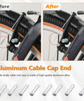Before and after installation of Universal Bicycle Brake Cable And Shift Cable And Housing Kit with aluminum end caps on bike brake.