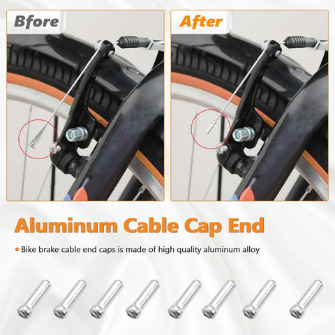 Before and after installation of Universal Bicycle Brake Cable And Shift Cable And Housing Kit with aluminum end caps on bike brake.