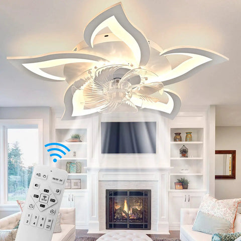 26.8 Inch Dope Flower Lamp Chandelier Ceiling Fan With Lights installed in a living room, with remote control visible