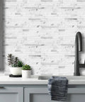 Faux Stone Peel And Stick Backsplash Tiles 20 Sheets White Marble Look PVC Wall Tiles for kitchen and sink backdrop