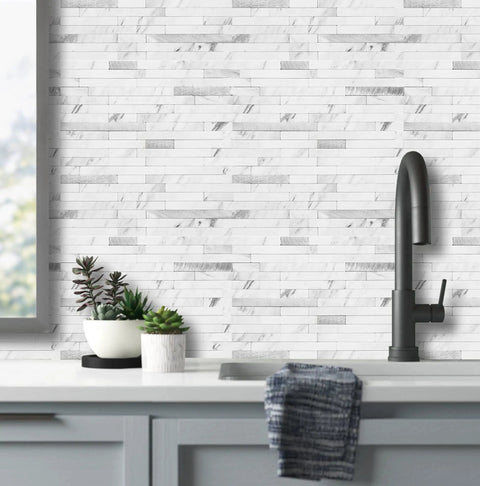 Faux Stone Peel And Stick Backsplash Tiles 20 Sheets White Marble Look PVC Wall Tiles for kitchen and sink backdrop