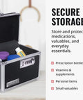 Open Locking Medicine Box With Combination Lock For Safe Medication Storage Portable Metal Lock Box For Pills And Valuables Small Code Protected Storage Case Black, showing interior with bottles.