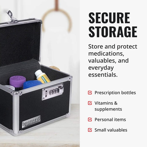 Open Locking Medicine Box With Combination Lock For Safe Medication Storage Portable Metal Lock Box For Pills And Valuables Small Code Protected Storage Case Black, showing interior with bottles.