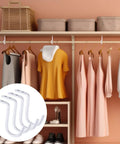 Heavy Duty Closet Rod Center Supports Four Piece Rock Solid Premium Wall Mount Steel Brackets Zero Sag Guarantee Beefy Build Top Shelf Wardrobe Storage Hardware White with hanging clothes.