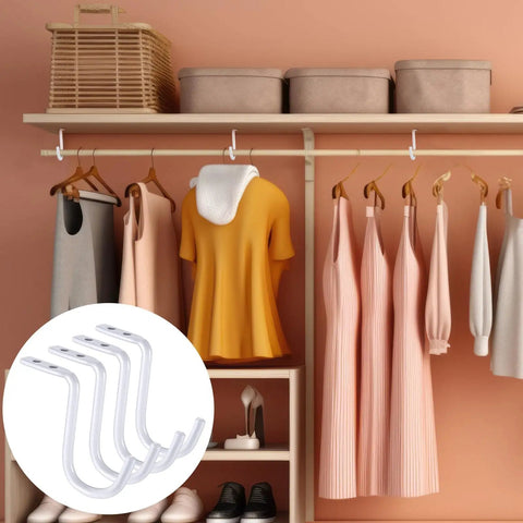 Heavy Duty Closet Rod Center Supports Four Piece Rock Solid Premium Wall Mount Steel Brackets Zero Sag Guarantee Beefy Build Top Shelf Wardrobe Storage Hardware White with hanging clothes.
