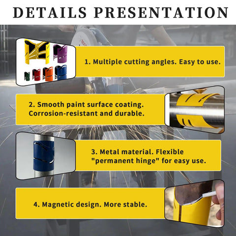 Details of Professional Grade Heavy Duty Magnetic Pipe Cutting Guide Kit With Six Rails showing features and cutting angles.