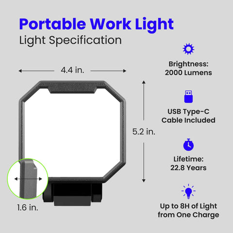 Front view of Portable LED Work Light With 360 Degree Rotating Head And Three Brightness Levels 2000 Lumens And USB-C Cable