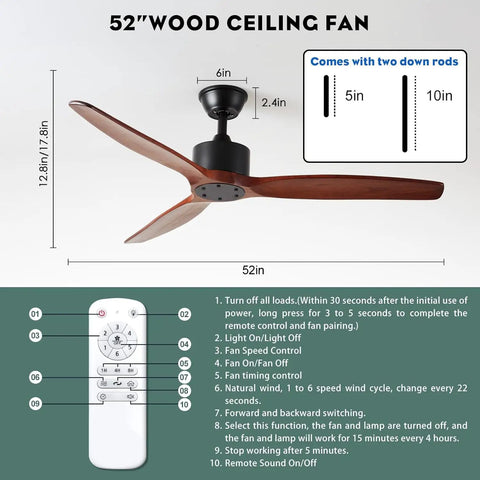 52 Inch Walnut Wood Ceiling Fan With 3 Blades No Light Quiet Reversible DC Motor Indoor Outdoor Remote Control Farmhouse Style