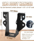 Twenty Piece 2x4 Joist Hanger Set With Black Powder Coated Finish And 18 Gauge Galvanized Steel shown in detailed dimensions.
