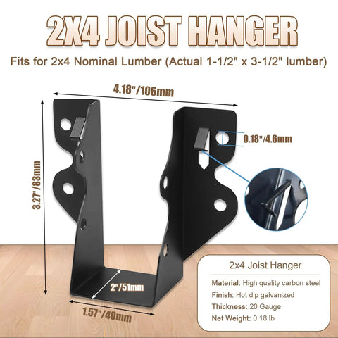 Twenty Piece 2x4 Joist Hanger Set With Black Powder Coated Finish And 18 Gauge Galvanized Steel shown in detailed dimensions.