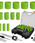 19-Piece Bi-Metal Hole Saw Kit with Quick Change Arbors for cutting wood, metal, PVC, shown with carrying case and accessories.