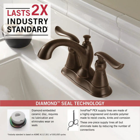 Venetian Bronze Centerset Bathroom Faucet With Diamond Seal Technology on white bathroom sink, industry standard lasts 2x