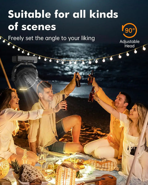 Group enjoying beach picnic at night with 3 In 1 Camping Fan With 36000mAh Battery, Detachable Power Bank, LED Light And Hook