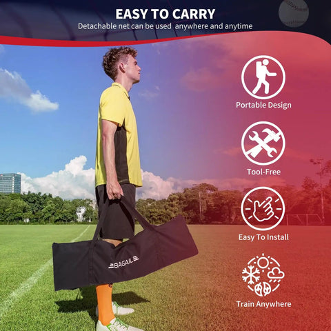 Person carrying bag for 7x7 Ft Extra Large Baseball And Softball Training Net With Batting Tee, heavy duty steel frame.