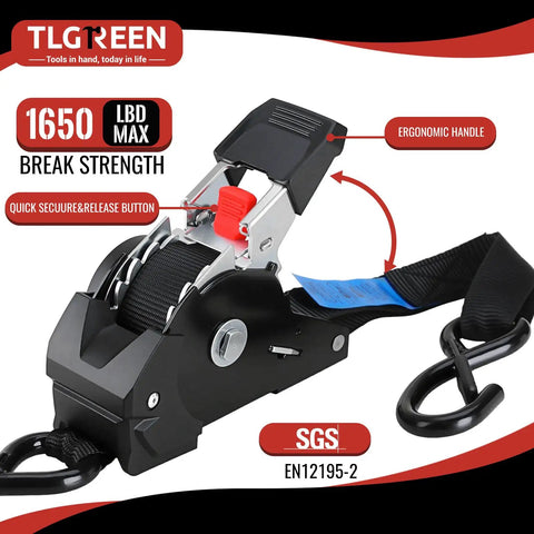 Heavy Duty Self Retracting Ratchet Tie Downs One Inch By Ten Foot 4 Pack 1650 Lb ergonomic handle and quick release button
