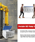 No Brainer 12 Volt Diesel Fluid Transfer Pump Kit Pairing 48 Gallon Portable Caddy Tank With 10 Gpm Flow Rate For Urea Transfer Plus Easy Grip Blue And White Pro Design showing two people lifting the tank.