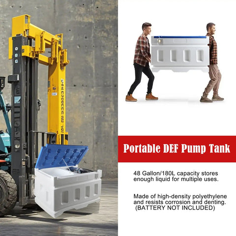 No Brainer 12 Volt Diesel Fluid Transfer Pump Kit Pairing 48 Gallon Portable Caddy Tank With 10 Gpm Flow Rate For Urea Transfer Plus Easy Grip Blue And White Pro Design showing two people lifting the tank.