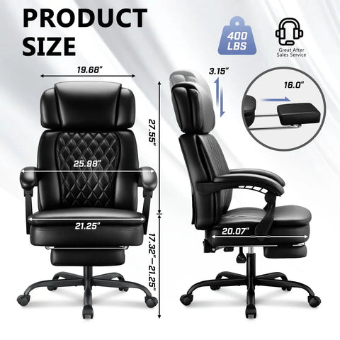 Heavy Duty 400 Lb Capacity Executive Office Chair With Foot Rest, Ergonomic Big And Tall Desk Chair dimensions illustration