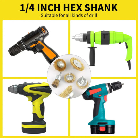 5 Piece Drill Wire Brush Set With One Quarter Inch Hex Shank Rust Removal Wheels Cups And End Brush for drills