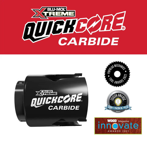 Blu MOL Xtreme QuickCore Hole Saw Set carbide bit with award logos.