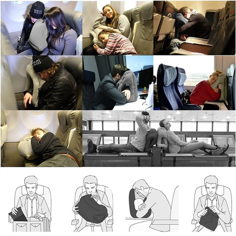 Passengers use Inflatable Travel Pillow With 3D Eye Mask And Earplugs in various settings for neck support and naps on the go.