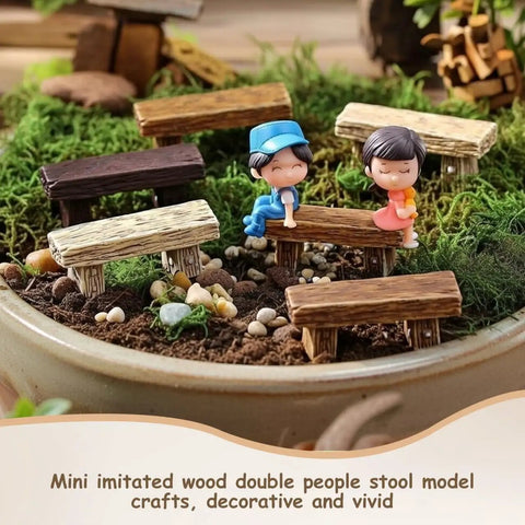 Miniature Bench Set Resin Faux Wood Six Piece for Crafts Micro Landscape Dollhouse and Fairy Garden Accessories