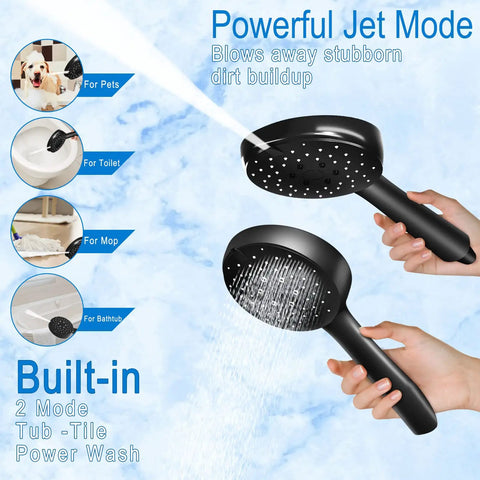 10 Inch Rainfall Shower Head And Handheld Combo showing powerful jet mode with multiple cleaning uses for pets, toilet, mop, bathtub