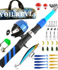 Kid Friendly Telescopic Fishing Rod And Reel Combo Push Button Starter Set with tackle, blue case, and accessories visible