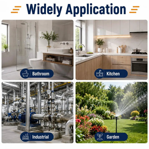 Image showing widely application of Rock Solid Full Port Brass Ball Valve Three Inch Model in bathroom, kitchen, industrial, and garden settings.