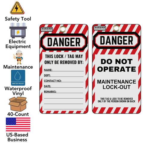 40 Pack Vinyl Lockout Tags With Brass Grommets 3 By 5.5 Inch OSHA Compliant Water Resistant Safety Tags showing danger warnings