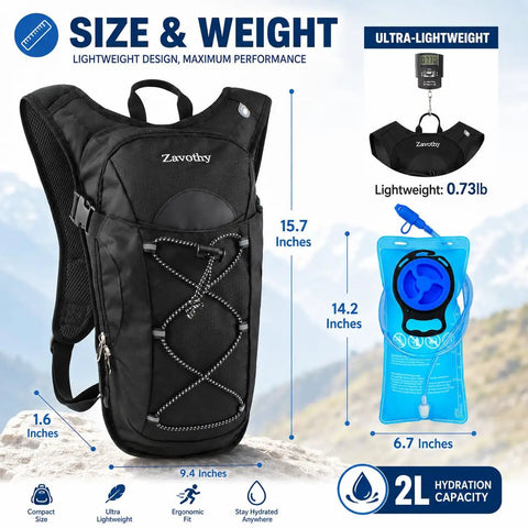 Ultra Lightweight Hydration Backpack With 2L Water Bladder For Cycling, Running, Biking, And Hiking, Waterproof Oxford Fabric.