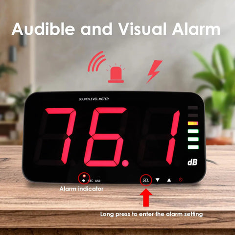Pro Grade Decibel Meter And Sound Level Meter with 13 Inch HD Display showing 76.1 dB with alarm feature for classroom studio or home use