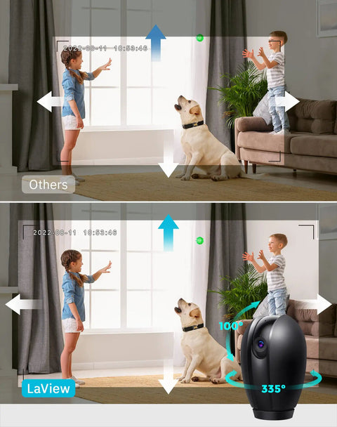 Pan Tilt Security Camera For Baby Monitor With Phone App No Brainer 2 Pack Includes 2 Free 32GB SD Cards 1080P WiFi Indoor Pet Camera 360 Degree Home Surveillance With Motion And Sound Alerts Two Way Audio showing camera rotation and monitoring a child and dog indoors.