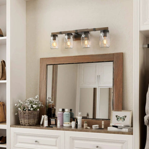Rustic Farmhouse Vanity Light Fixture With Mason Jar Glass Shades above mirror, white wood finish, four bulbs, 29 inches