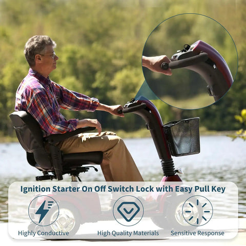 Man using mobility scooter with ignition switch, compatible with Pride Go Go. Focus on keyed start button.