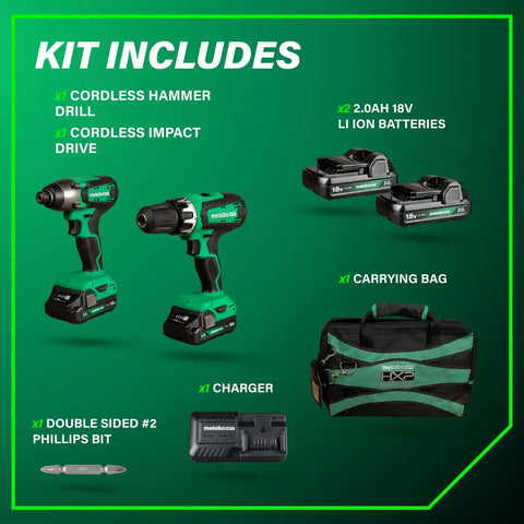 18V MultiVolt Cordless Hammer Drill And Impact Driver Combo Kit With 2 Lithium Ion Batteries, Charger, Bag, and Accessories
